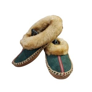 LL Bean Wicked Good Moccasins Vintage Teal Green Suede Shearling Slippers L 7